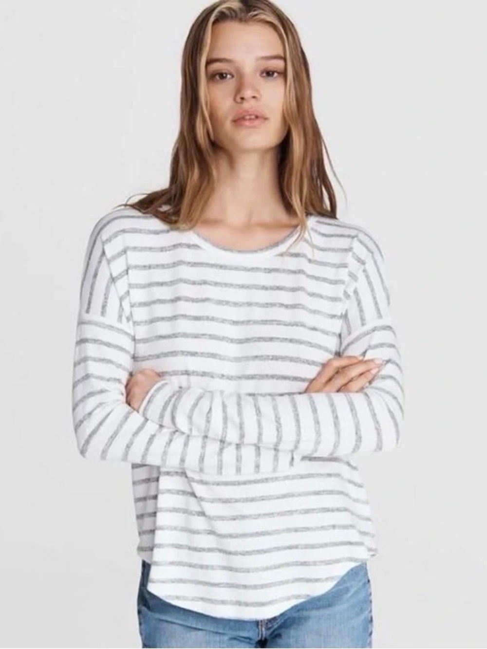 rag & bone The Knit Stripe Long Sleeve Top Size XS Grey Navy Soft Rayon Blend